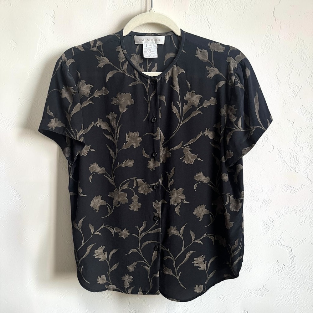 Vintage Jones New York Silk Floral Top Women's 10 Black Dark Feminine 90s Blouse